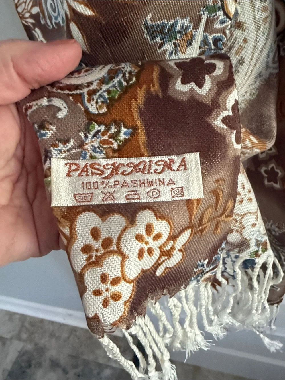 Brown and blue Paisley Fringe pashmina